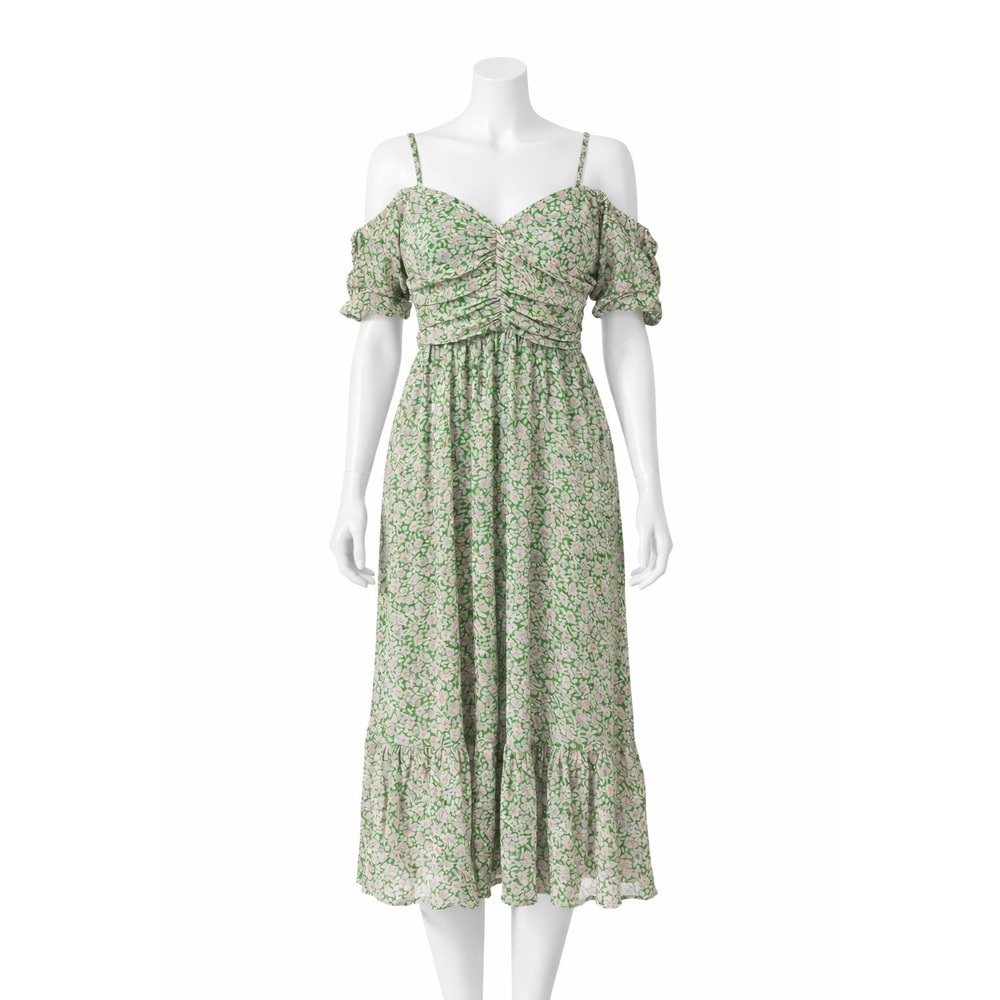 Bardot Floral Midi Dress Size 8‎ Green Cold Shoulder Ruffle Ruched Sweetheart